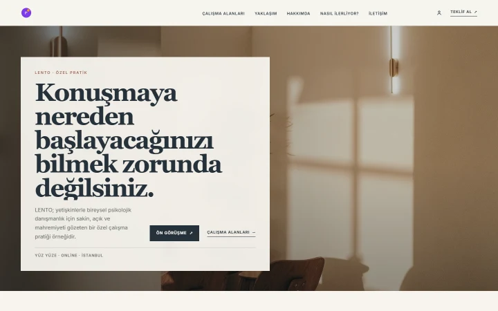 LENTO Psikoloji · Quiet Practice web sitesi önizlemesi
